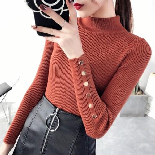 OHCLOTHING 2021 New Fashion half Korean Spring button Sleeve sweater Lady Female Tops Women knitted Fashion Turtleneck Pullover