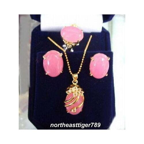 New Style Hot sale***Pink jade Crystal Pendant Necklace Ring Earrings Fashion Wedding Party Jewellery