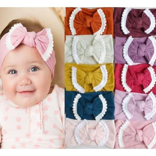 30pcs/lot Solid Color Wide Nylon Headband Pom Pom Bow Nylon Headwrap Knot bow headwrap, WHITE POM POM bow