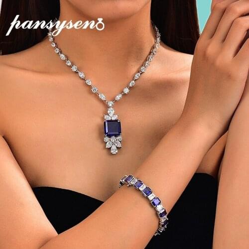 PANSYSEN Luxury 100% 925 Sterling Silver Sapphire 5A Zircon High Carbon Gemstone Pendant Necklaces Women Cocktail Party Jewelry
