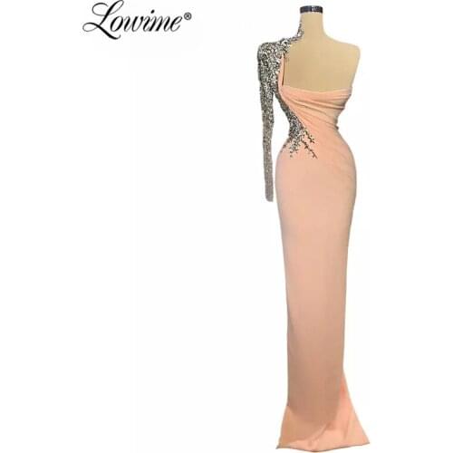 Blush Pink One Shoulder Party Dress Beading Custom Made Evening Gowns 2021 Saudi Arabic Dubai Plus Size Mermaid Vestido Longo