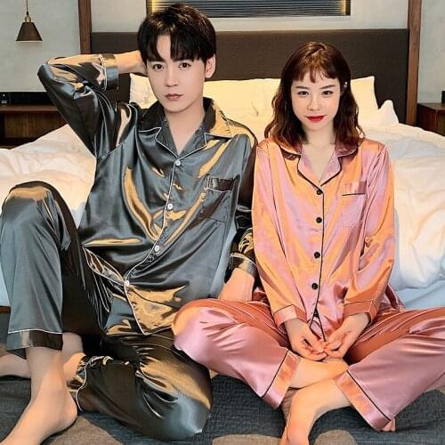 SLPBELY Silk Couple Pajamas Set Spring Casual Women and Men Sleep Suit Long Sleeve Lovers Homewear Sleepwear Loungewear Pyjamas