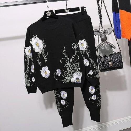 Spring Autumn Knitted Set Women Embroidery Flowers Sweater Casual Long Pants Two Piece Outfits Female Loose Knitting Tracksuit