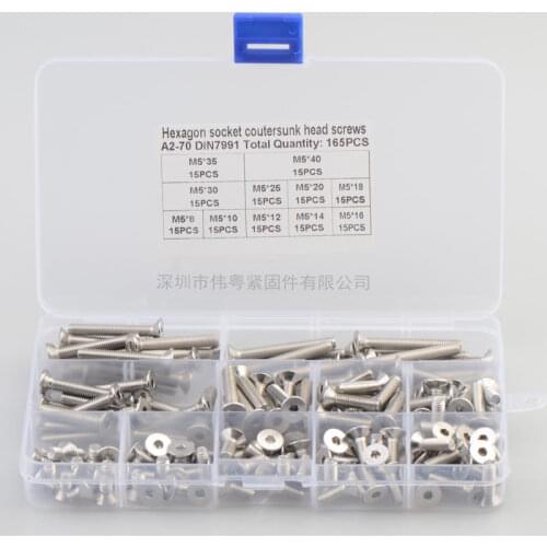 165pcs M5 mm flat head countersunk head grade 10.9 304 stainless steel Hex Socket Head Cap Screw DIN7991 Screws