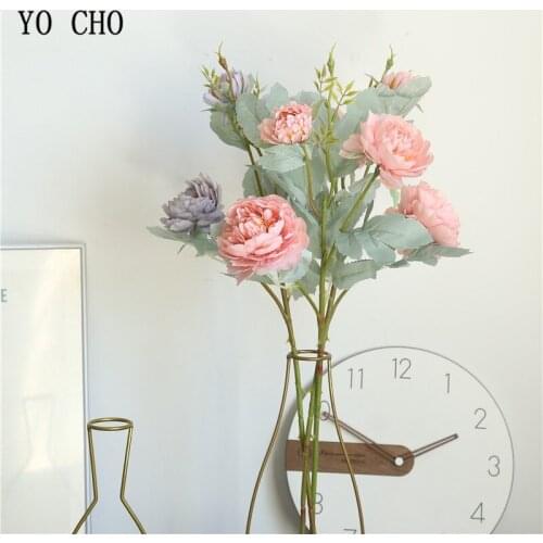 YO CHO 3 Heads Pink Peony Artificial Flowers Silk Flowers for Wedding Decoration Winter Fake Big Flowers White for Home Decor