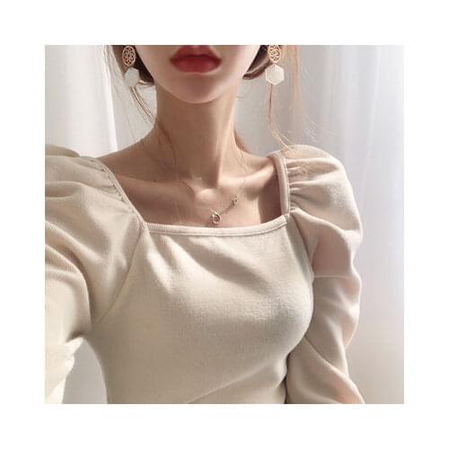 Chic Square Collar Hollow Out Clavicle T Shirt Slim Fit Pleated Puff Sleeve Solid Autumn Spring 2020 New Knit Top
