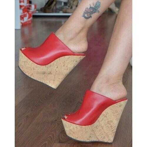 Hot Selling Platform Wedge Sandals Sexy Red High Heel Mules Peep Toe Summer Shoes Woman Sexy Super High Slippers Black 35-42