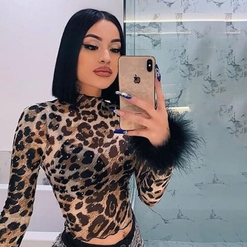 DSMTRC Women Tshirts Sexy Mesh Sheer Tops Leopard Printed Clubwear Women Harajuku 2021 Spring/Fall Feather Long Sleeve Crop Tops