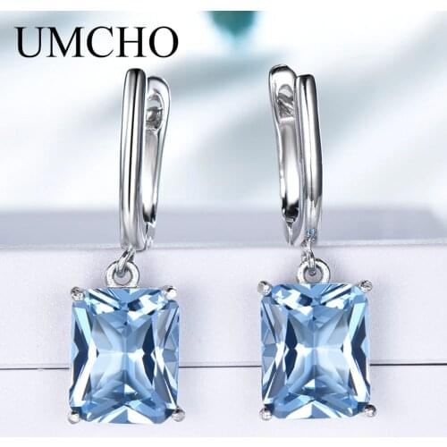 UMCHO Elegant 925 Silver Nano Sky Blue Topaz Women Drop Earrings for Anniversary Party Gifts Fine Jewelry Decorations
