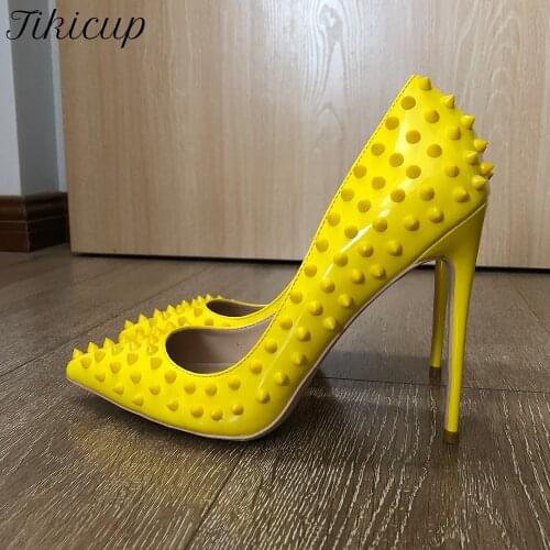 Tikicup Yellow Full Spikes Women Pointy Toe Stiletto High Heels Size 33-45 Punk Rivets Slip On Pumps Sexy Ladies Party Shoes