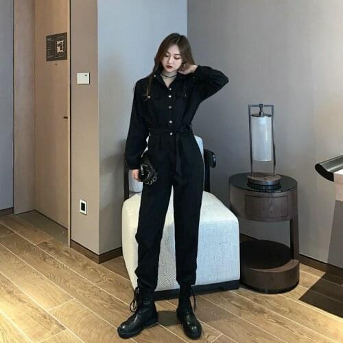 Women 2020 Autumn Winter New Fashion Long Loose Jumpsuit Female Belt Full Sleeve Jumpsuits Ladies One Piece Shirt Rompers L673