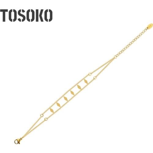 TOSOKO Stainless Steel Jewelry Double Layer Geometric Diamond Prismatic Hand Ornament 18 K Golden Womens Fashion Bracelet E262