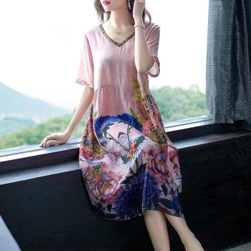 2021 New Summer Women Plus Size 4xl Dress Female Silk One-piece Print Floral Dresses Female V-Neck Long Vestidos Femme B175