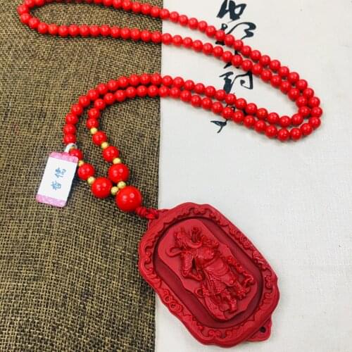 Zheru natural cinnabar carved red carved Guan Gong pendant with multi-color bead necklace fine men and women sweater chain