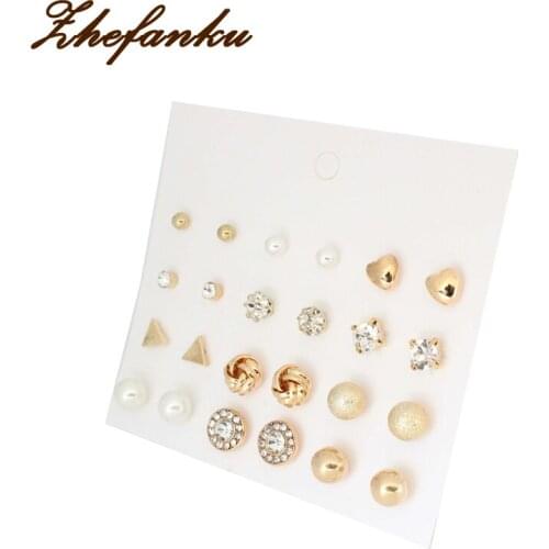 12 Pairs/Set Round Alloy Ball Imitation Pearls Rhinestone Flowers Stud Earrings Set Hot Small Pierced Earrings Set For Women