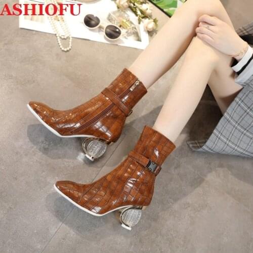 ASHIOFU 2020 New Thick Heel Womens Boots Shinny Patent Leather Eurolish Style Ankle Boots Winter Retro Party Prom Fashion Boots