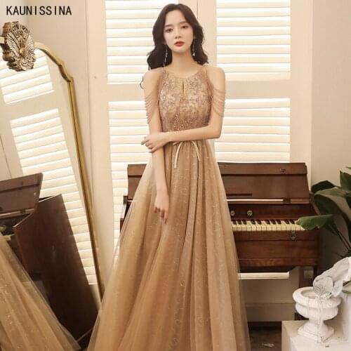 Champagne Evening Dress Celebrity Dinner Party Dress Beading Appliques A-Line Floor-Length Luxury Formal Prom Robe Vestidos