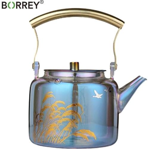 BORREY Stained Glass Teapot Heat Resistant Glass Tea Pot With Filter Strainer Hand-painted Flower Glass Gas Stove Kettle 900Ml