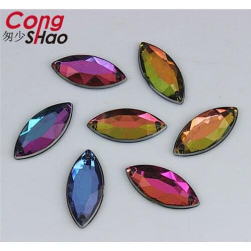 Cong Shao 100PCS 9*20mm AB Colorful Horse eye stones and crystals Acrylic Rhinestone flatback sewing 2 Hole costume Button CS14