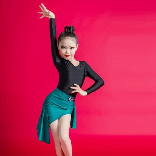 Sexy Girls Latin Skirt Suit Black Long Sleeved One-Piece Top Irregular Skirt Professional Latin Dance Competition Dress Kids
