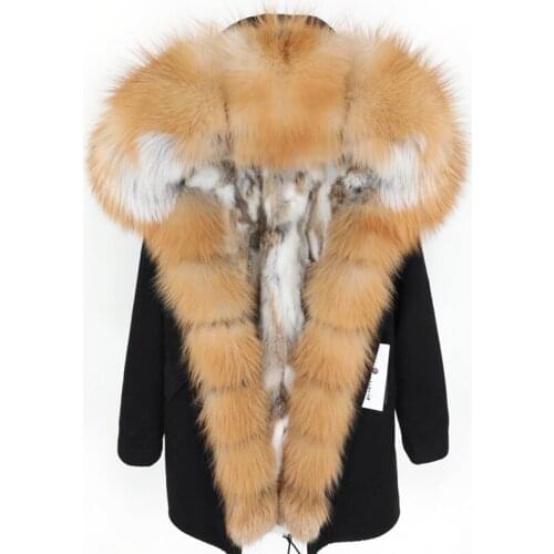 Fashion womens rabbit fur lining hooded long coat parkas outwear army green Large raccoon fur collar winter jacketWomens jac