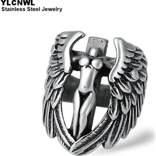100% Guarantee Stainless Steel Mens Rings Gold/Black Color Angel Design Male Punk Biker Jewelry Vacation Party Gift