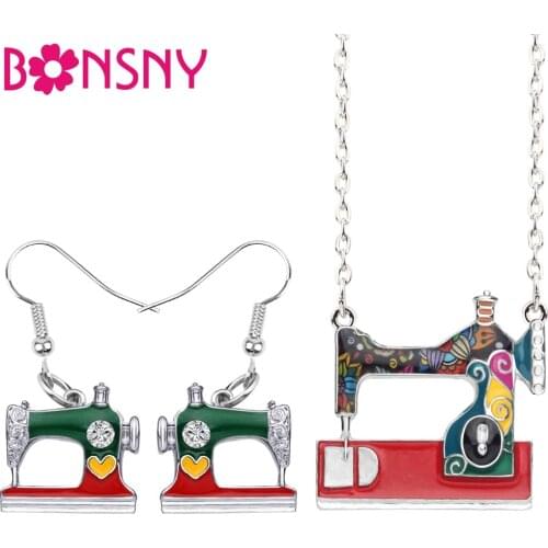 Bonsny Statement Enamel Alloy Sewing Machine Earrings Necklace Pendant Fashion Tools Jewelry Sets For Women Girl Gift Bijoux New