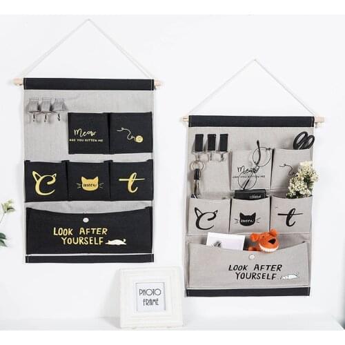 6 Pockets Wall Hanging Storage Bags Cotton Linen Door Organizer Waterproof Pocket Bedroom Home Wall Decoration Cat Serie
