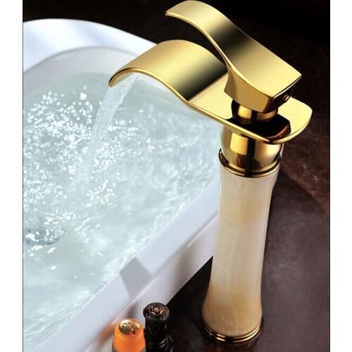 New arrival top high quality jade body single lever gold Hot and Cold bathroom sink waterfall faucet basin tap
