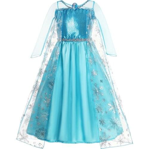 Elsa Princess Dress Snow Queen Blue Elza Sequins Classical Birthday Halloween Costume