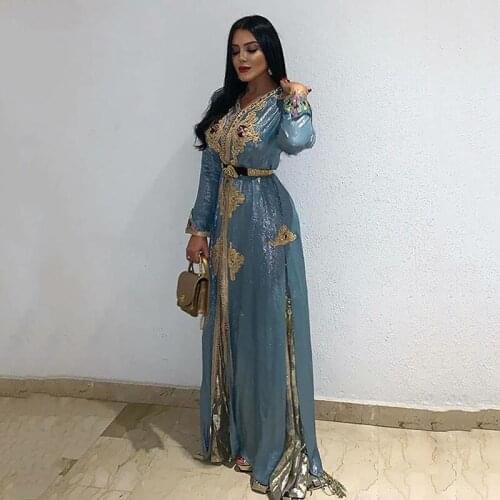 Blue Moroccan Kaftan Caftan Muslim Evening Dresses A-line V-neck Long Sleeves Appliques Dubai Arabic Turkey Abaya Islamic Gown