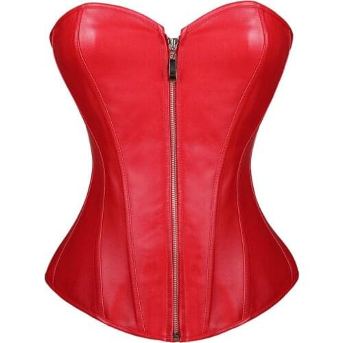 Women Steampunk Faux Leather Sexy Zipper Overbust Corset Plus Size Shapewear Top