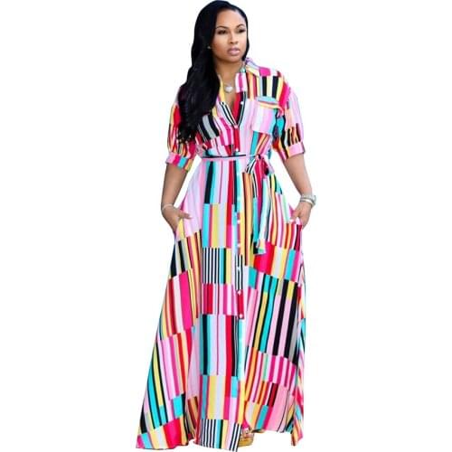Women Long Maxi Colorful Shirt Dress Summer Striped Plus size Elegant Dresses