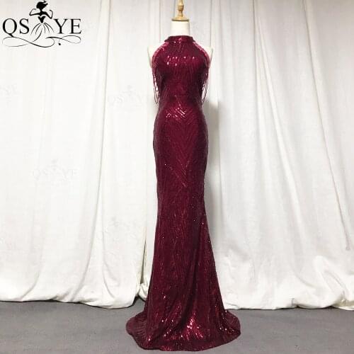 QSYYE Sexy Burgundy Mermaid Long Prom Dresses Sequin Shiny Evening Dresses Halter Neck Beading Prom Dresses