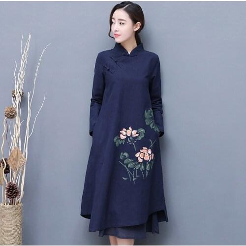 Elegant Chinese Dresses Cotton Linen Stand Collar Patchwork A Line Dress Painting Casual Loose Vestido Robe Vintage Femme TA2123