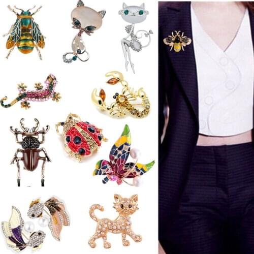 1pc Women Imitation Animal Pearl Rhinestone Brooches Beautiful Butterfly Lizard Ladybug Tiger Fox Owl Cat Brooch Pin Jewelry