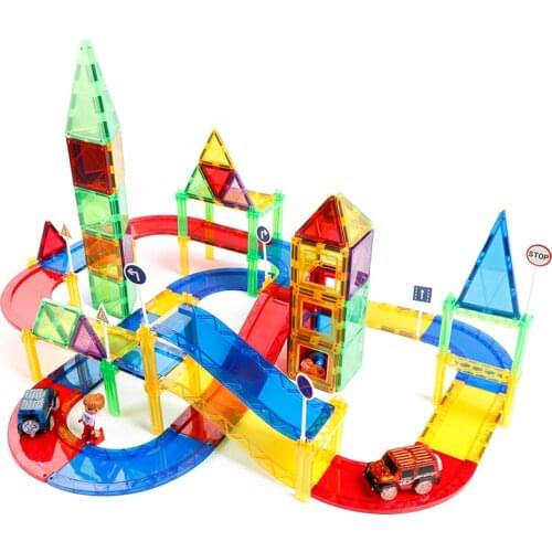 Magplayer 154 Pieces Magnetic Tiles Building Blocks set with Car Racing Tracks Toy for Children Intelligence Toys Best Gifts