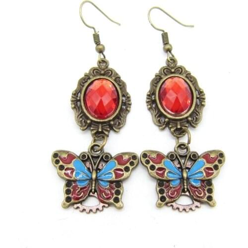 2018 Cykopv The Original Design Retro Victorian Red Crystal and Colored Butterfly Vintage Drop Earring