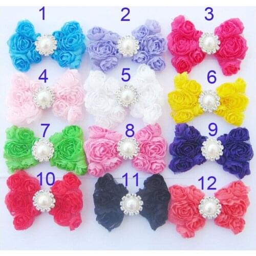 60 PCS/LOT 3 inches chiffon flower bows Crystal Pearl Center mixed colour