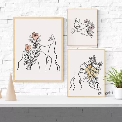 Boho Abstract Woman Face Line Drawing Nordic Poster Flowers Canvas Painting and Prints Wall Art Pictures for Bedroom Home Decor