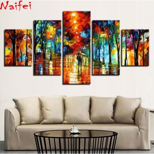 5d diamond painting full square/round 5 Pieces Abstract Color Tree Pictures Walking In The Rain Painting 3D Diamond Embroidery