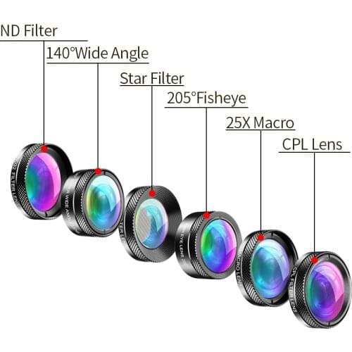 APEXEL 10PCS/LOT 6 in 1 Phone Camera Lens Wide Angle macro Lens Fish Eye Lens CPL/Star Filter 2X tele for almost all mobilephone