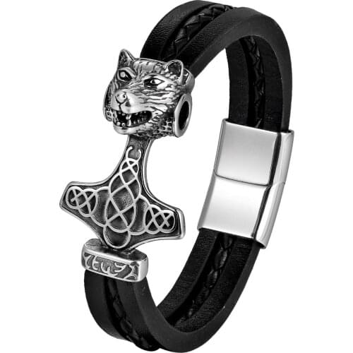 BONISKISS Wolf Head Thors Hammer Leather Bracelet Magnetic Stainless Steel Clasp Bangle For Men