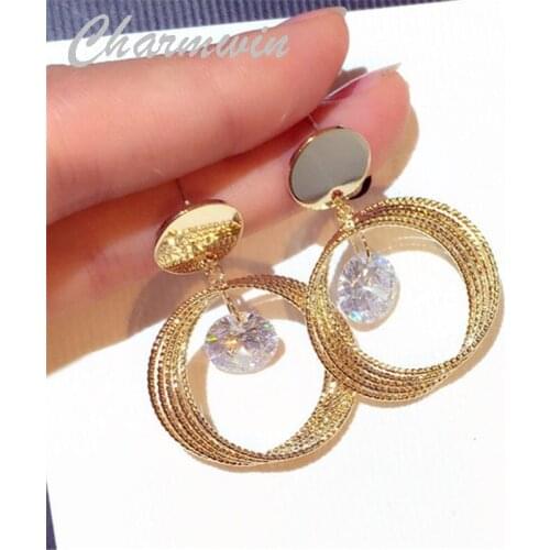 Charmwin New Dangle Earrings For Women Earrings Exaggerated Rhinestone Silver Color & Gold Color Circle Earrings Women