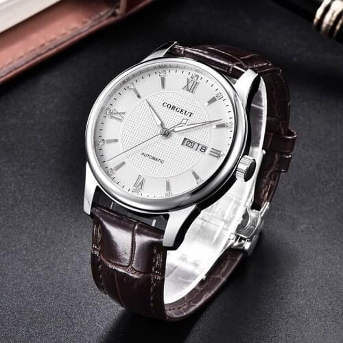 CORGEUT Fashion Mechanical Watch Men Top Brand Luxury Male Clock leather calendar week Automatic mens watch Relogio Masculino