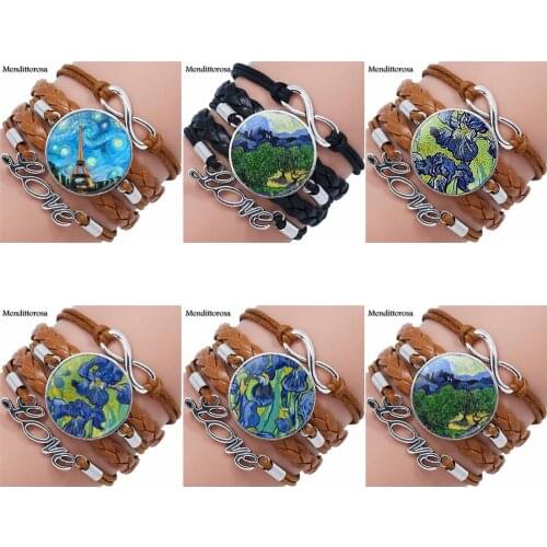 For Unisex Party Gift Van Gogh Irises Glass Cabochon Multilayer Black/Brown Leather Bracelet Bangle Jewelry