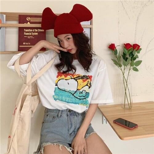 Cartoon Print Retro Lazy T-shirt Female Korean Harajuku Womens T-shirts Tops Japanese Kawaii Ladies Ulzzang Clothes For Women
