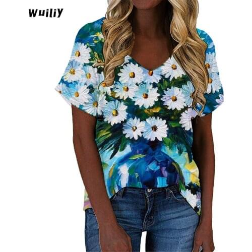 Womens Sun Flower T-Shirt Flowers Graphic T Shirt Floral 3D Print Cotton V-neck Shirt Art Abstract Tops Girls Harajuku Tees