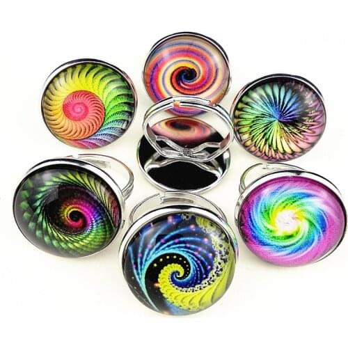 Jiangzimei 24pcs Wave, Vortex, Cool,Cashew Flower Ring Glass Cabochon finger ring as party gift for women Girl Wholesale