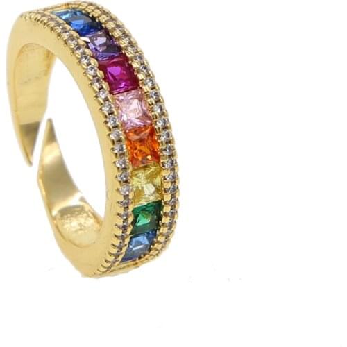 Quality AAA+ colorful cubic zirconia open crystal cuff rings fit USA mujer moda women lady fashion rainbow baguetee CZ ring 2019